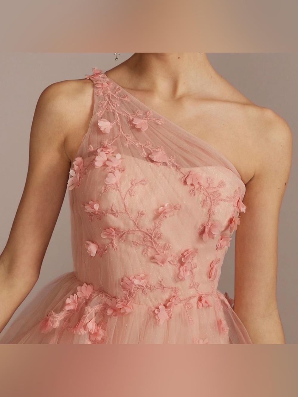 Blush One-Shoulder Floral Appliqué Tulle Dress